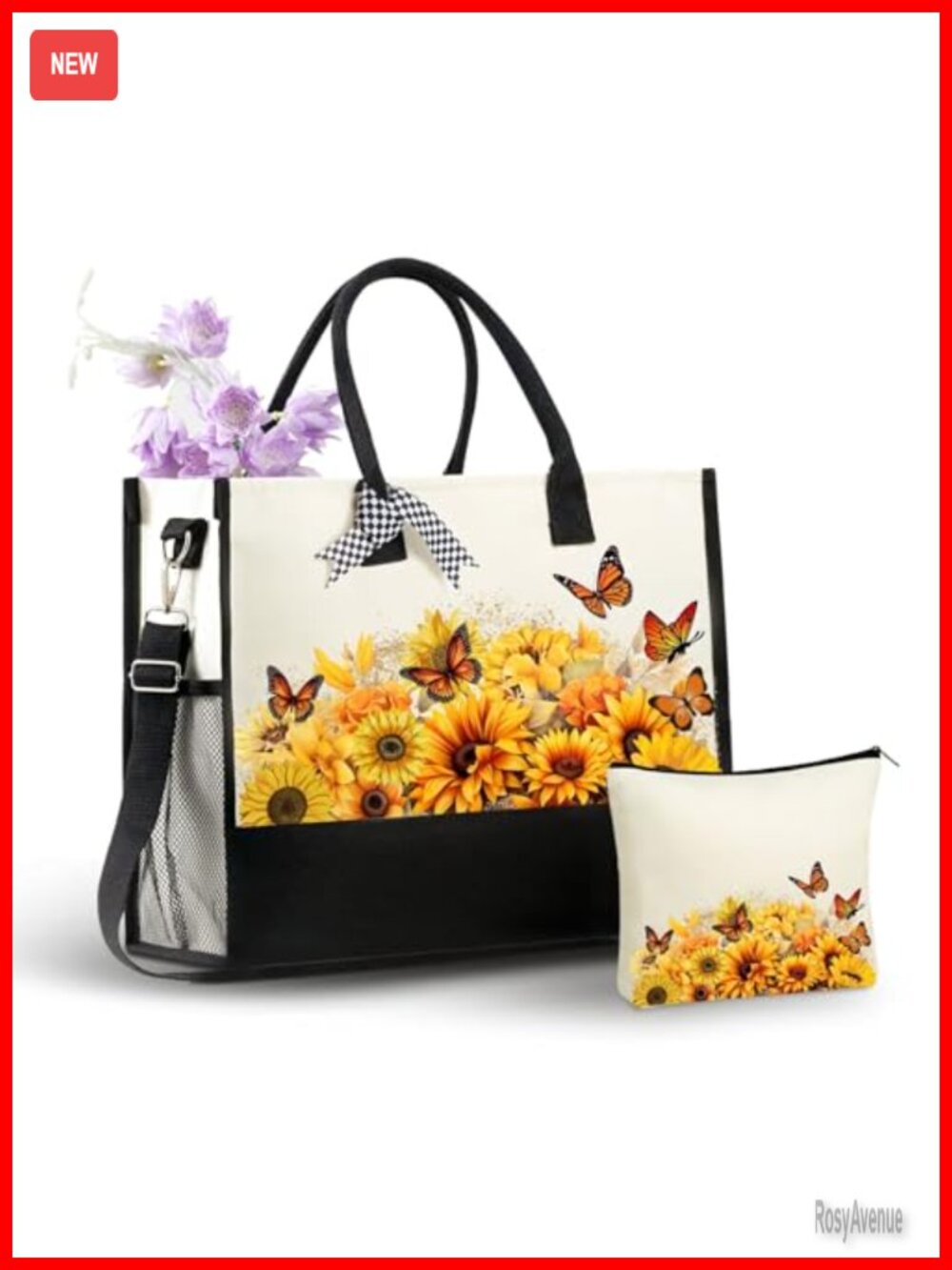 Sunflower Canvas Tote Bag Zippered Shoulder Strap